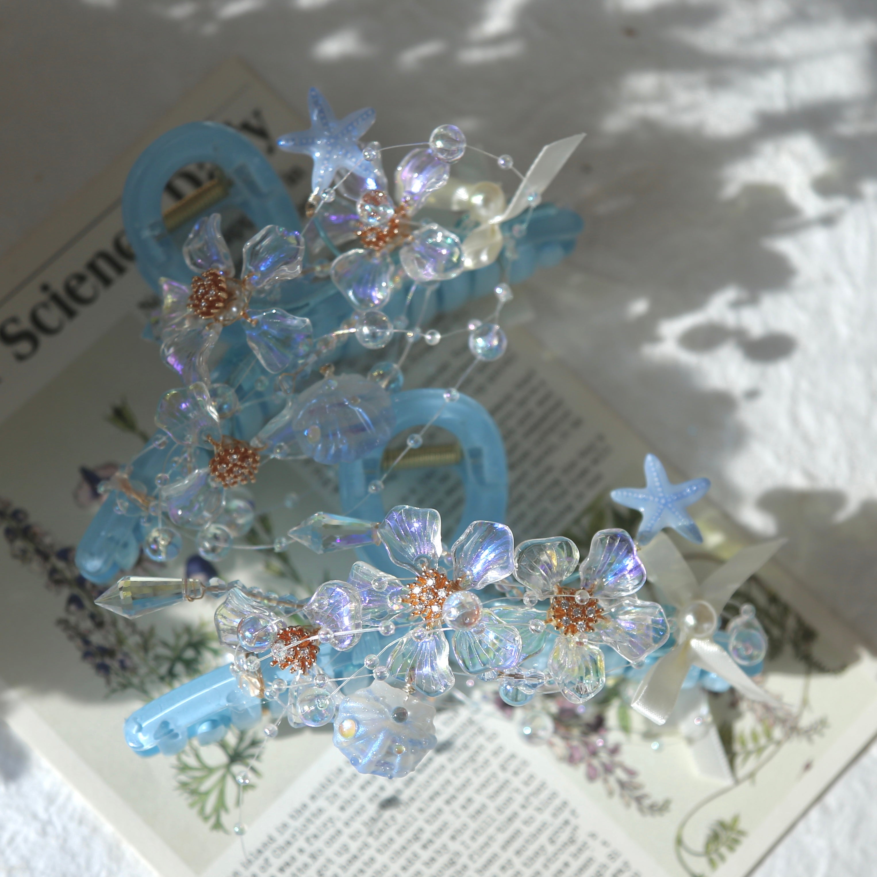 Iridescent Sakura & Starfish Shell Blue Hair Claw – SWEETSHOP JEWELRY
