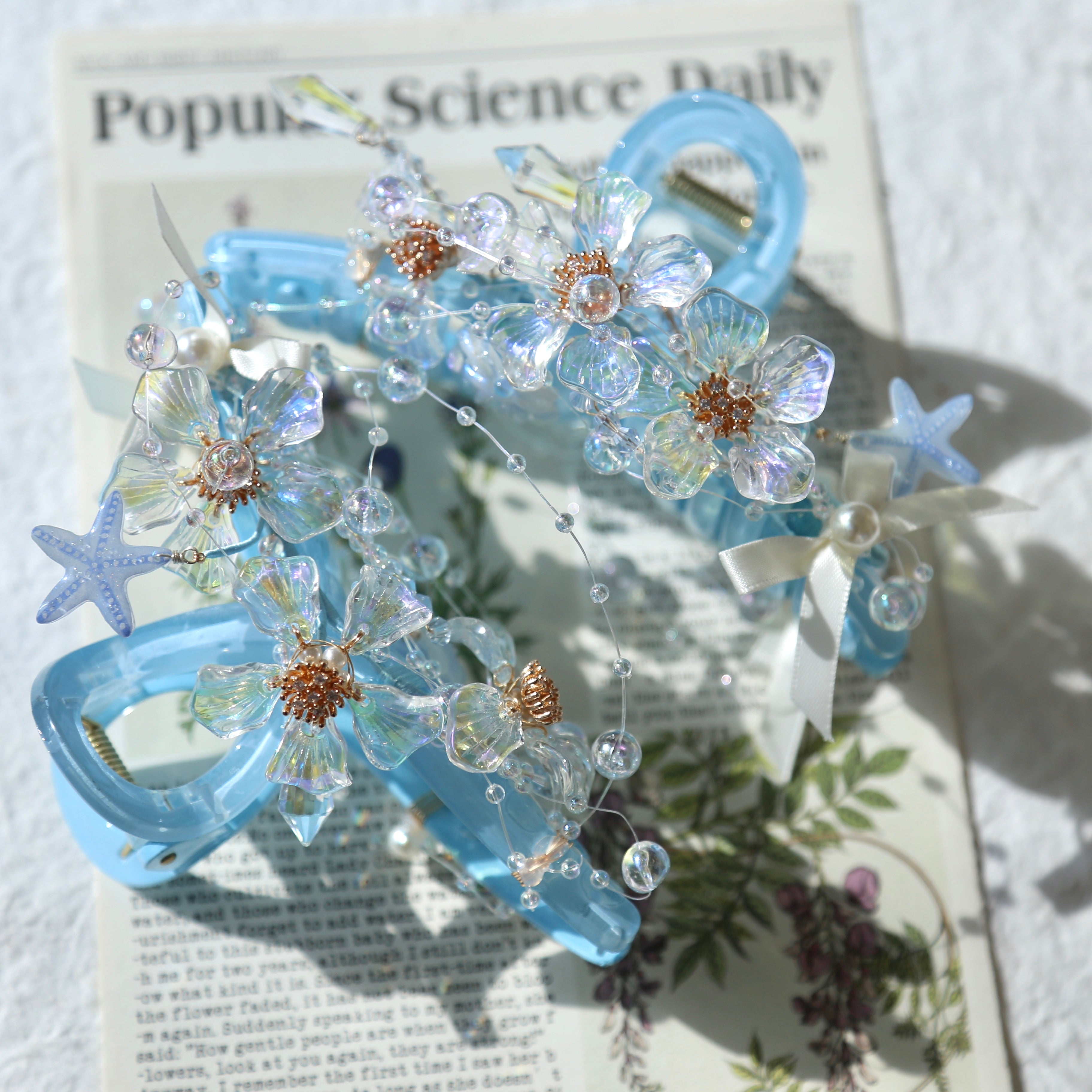 Iridescent Sakura & Starfish Shell Blue Hair Claw