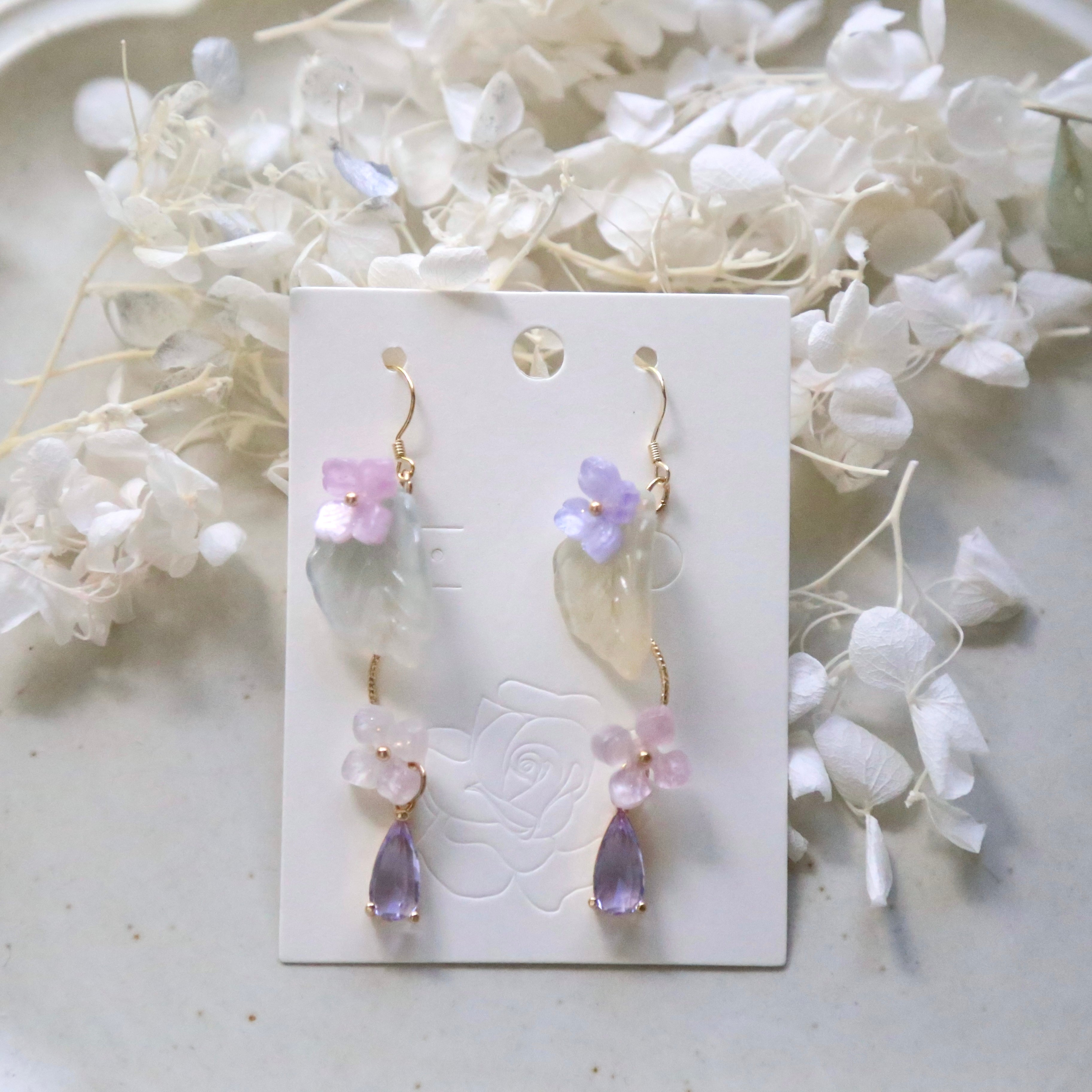 lavender flower earrings Pink Lavender Hydrangea Leaf Earrings Ear Wires
