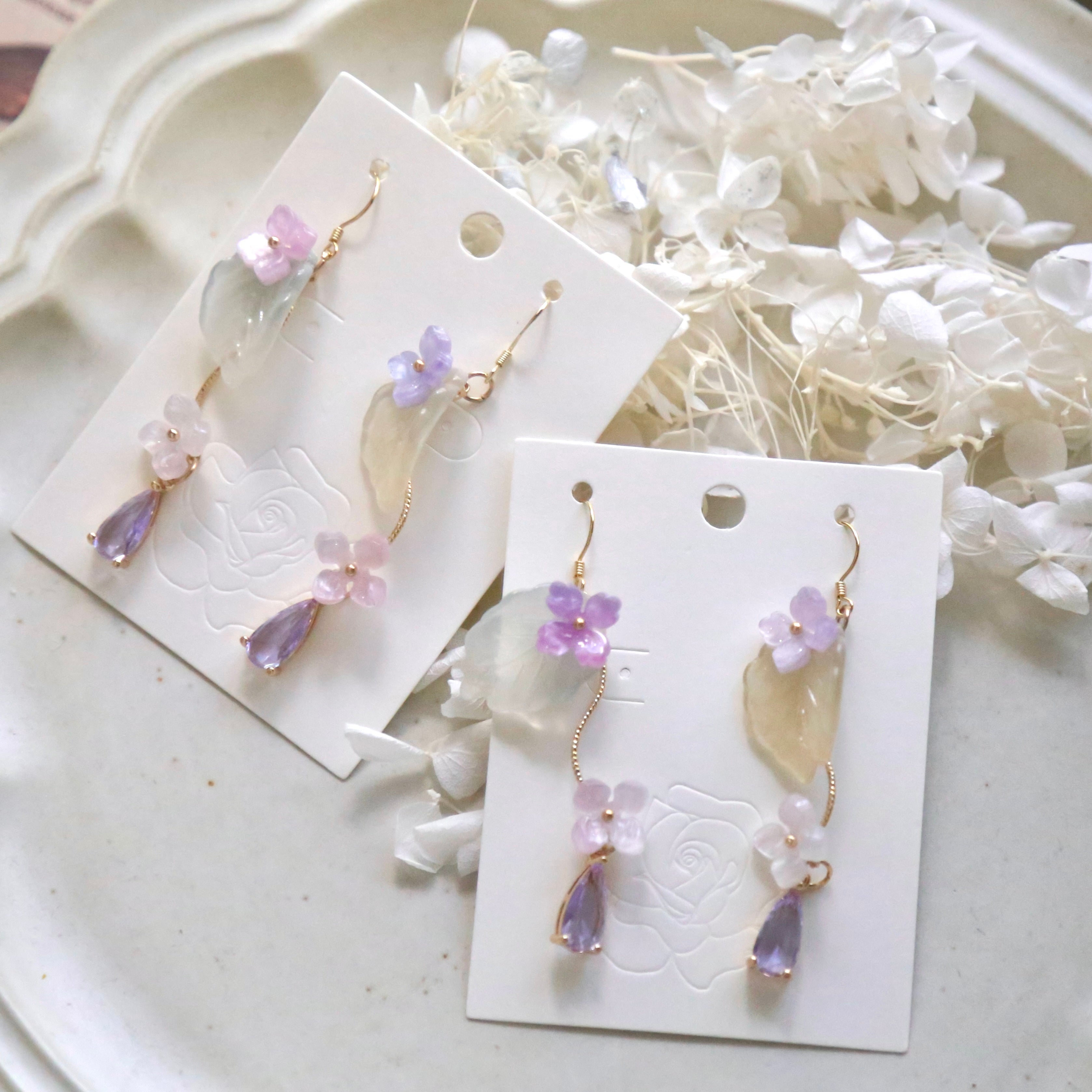 Pink Lavender  Hydrangea Leaf Earrings