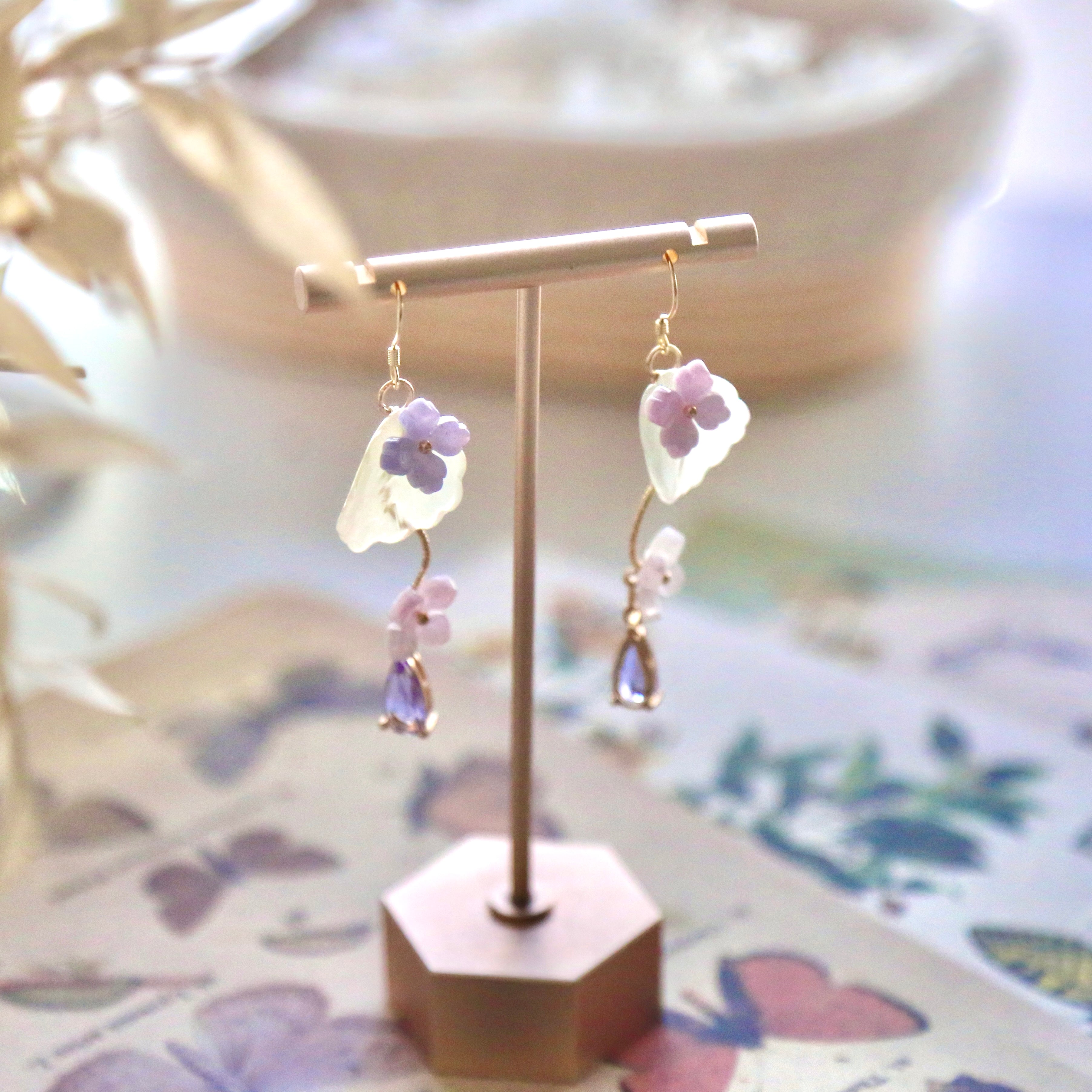 Pink Lavender  Hydrangea Leaf Earrings