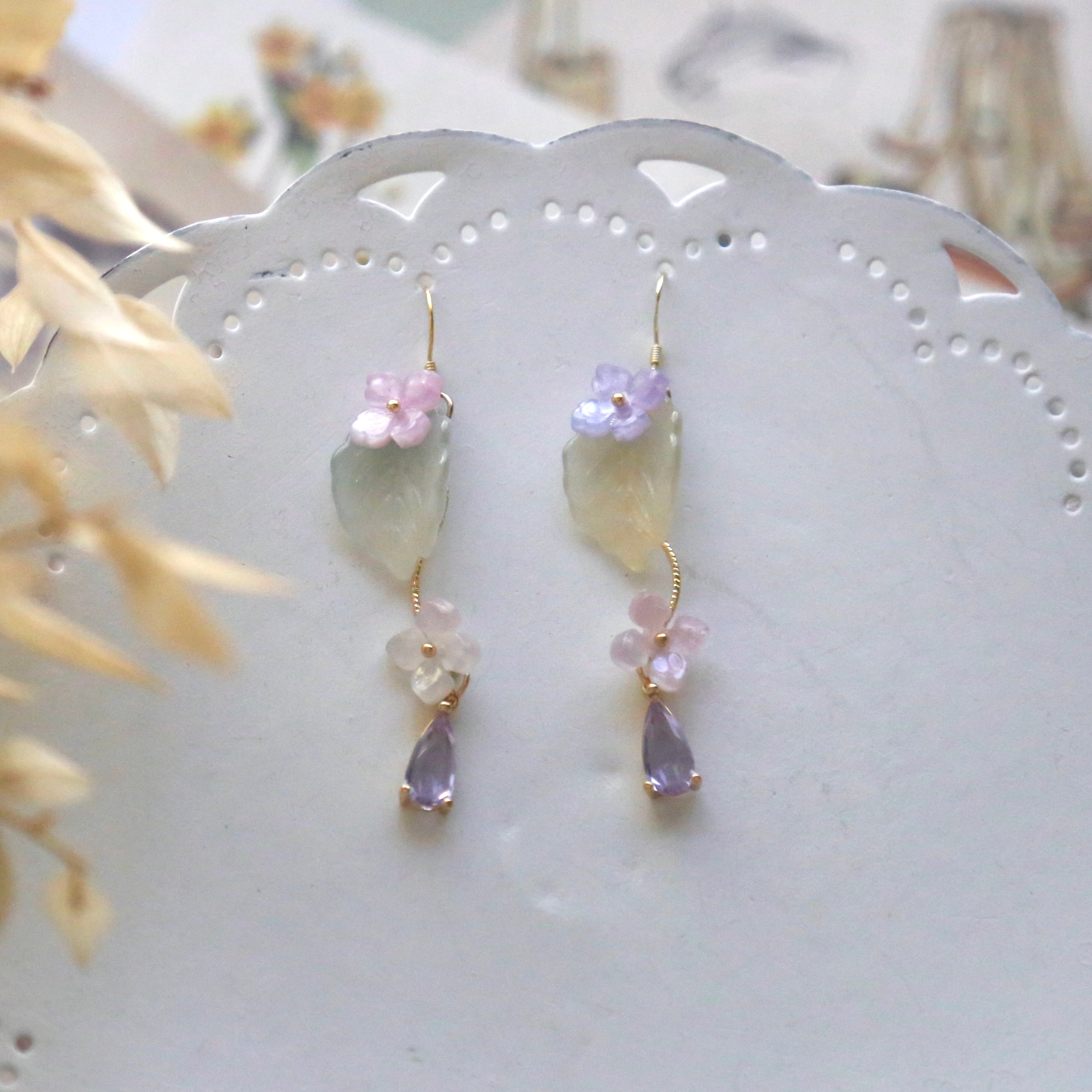 Pink Lavender  Hydrangea Leaf Earrings