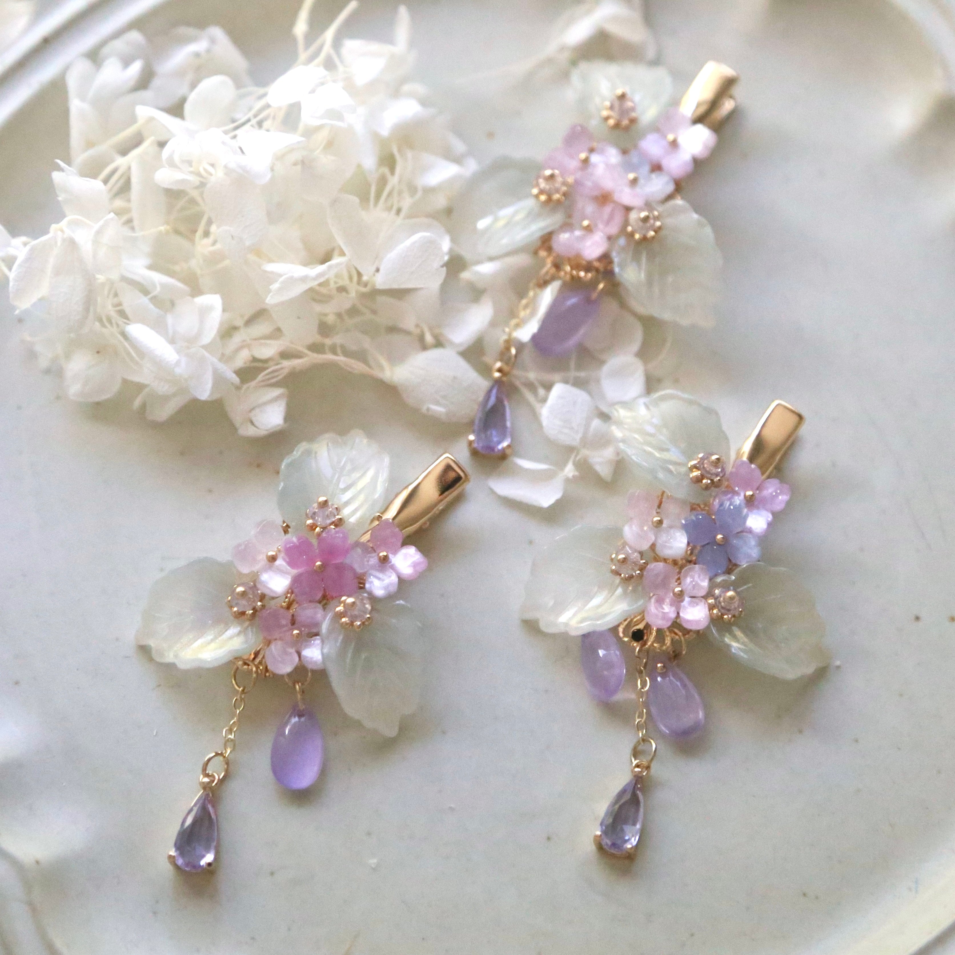 ＃528 ピンク＆パープル✴紫陽花✴ちょうちょ✴レジンヘアゴムキーホルダー Pink Purple Hydrangea Leaf Hair Clip – SWEETSHOP JEWELRY