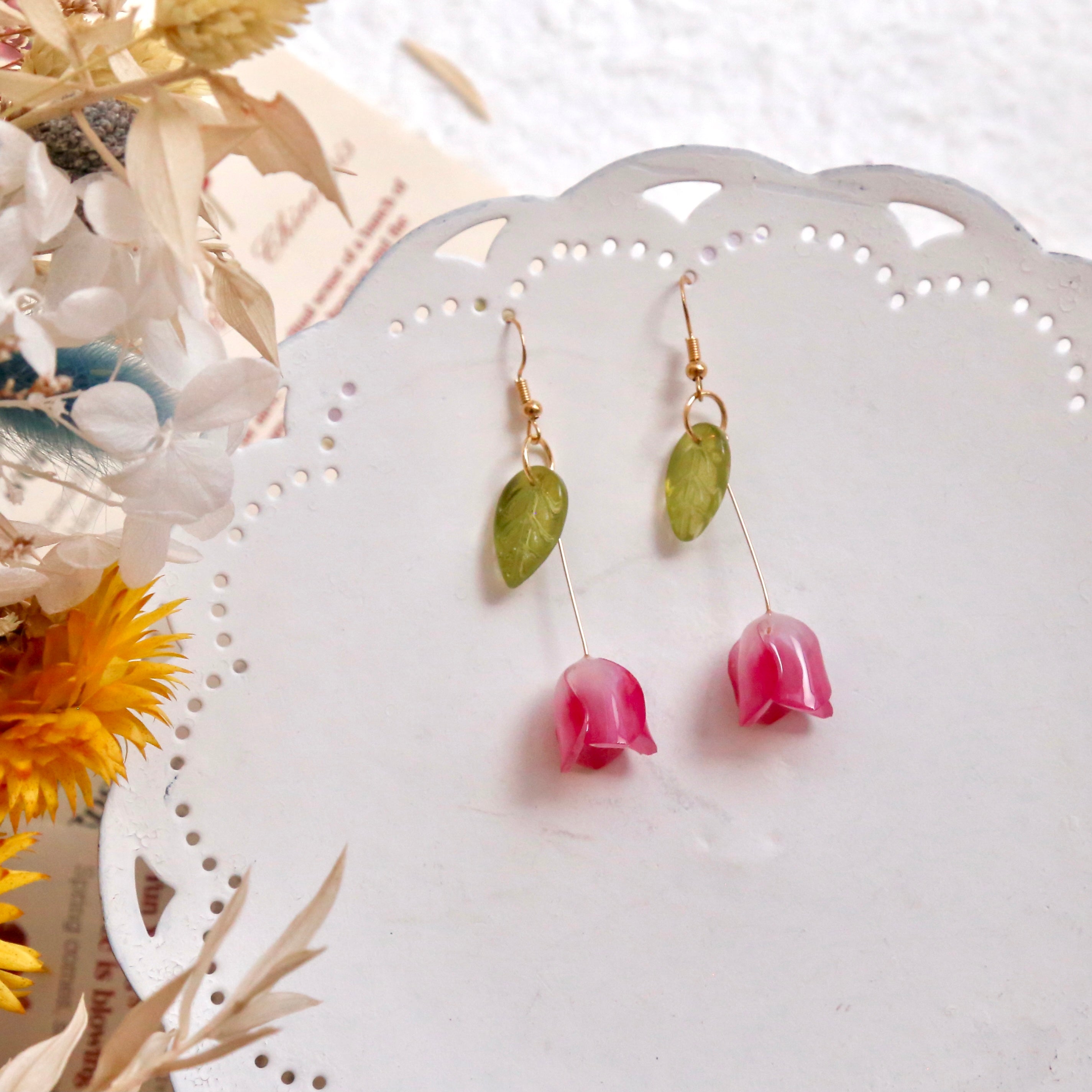 Shrink Plastic Tulip Earrings Pink Tulip / Silver / Ear Wires