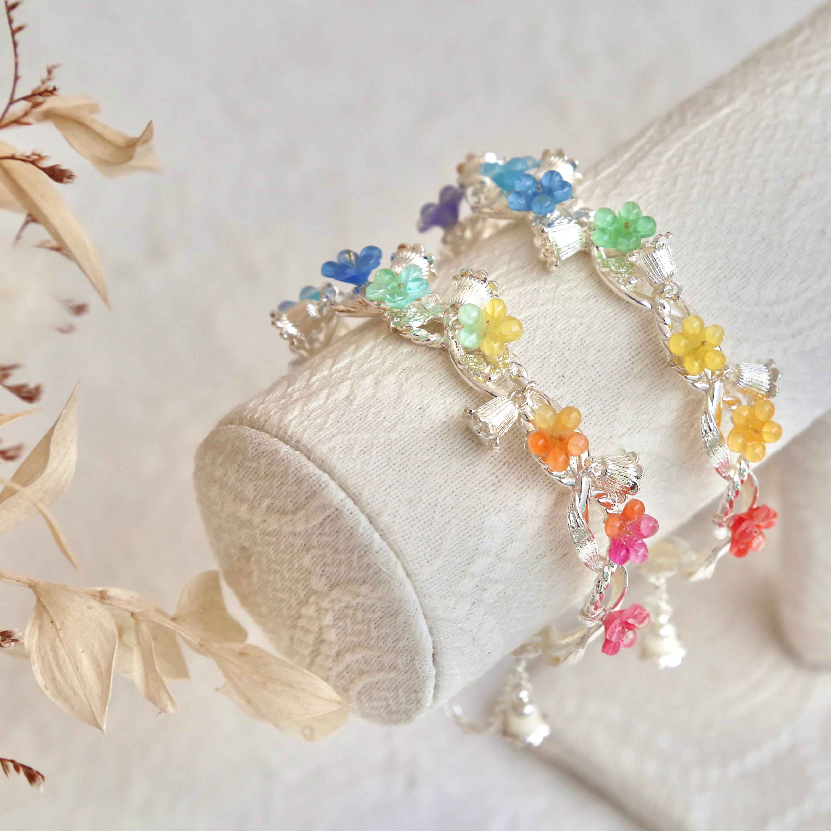 Colorful Flower Bangles - Silver