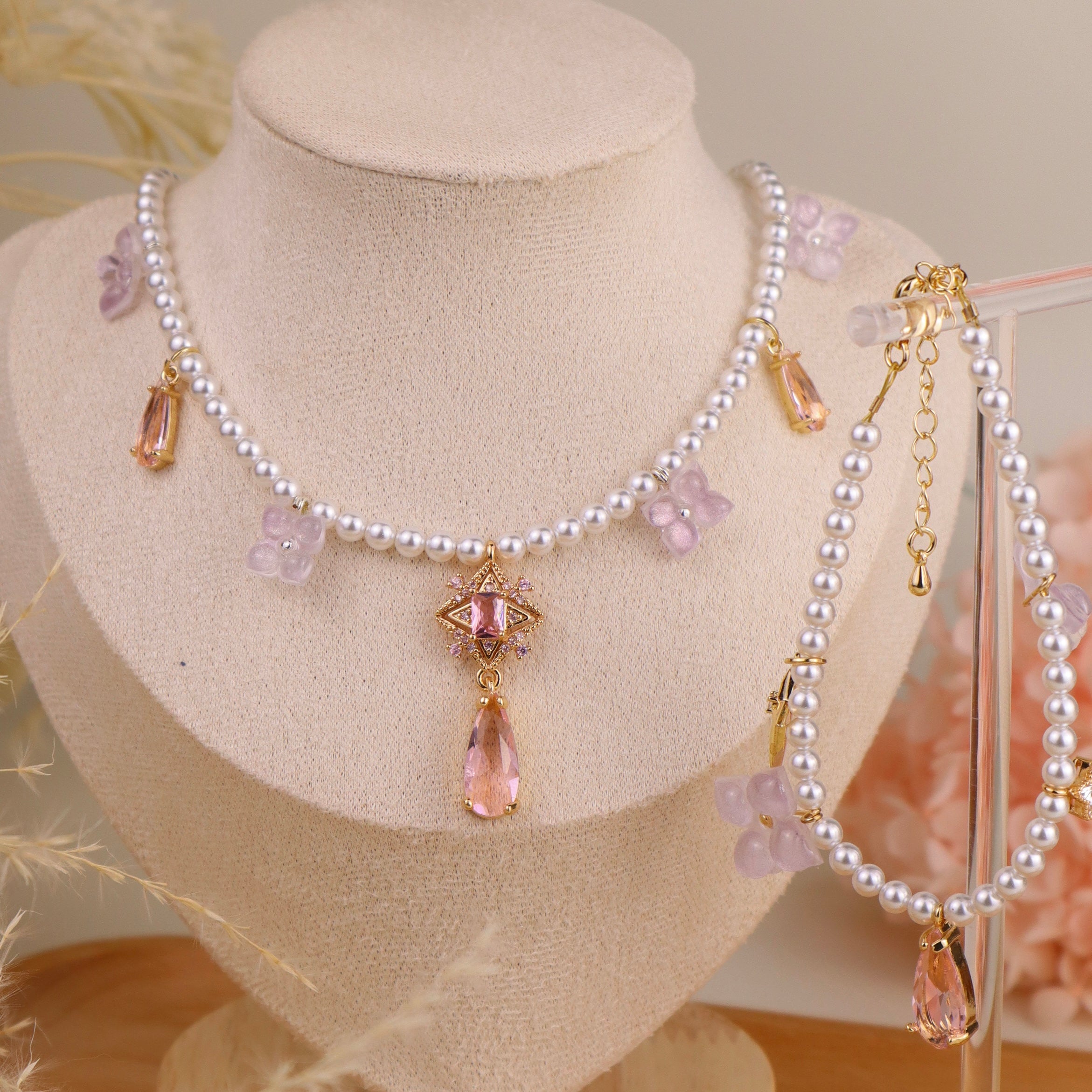 Hydrangea Pearl Star Drop Necklace