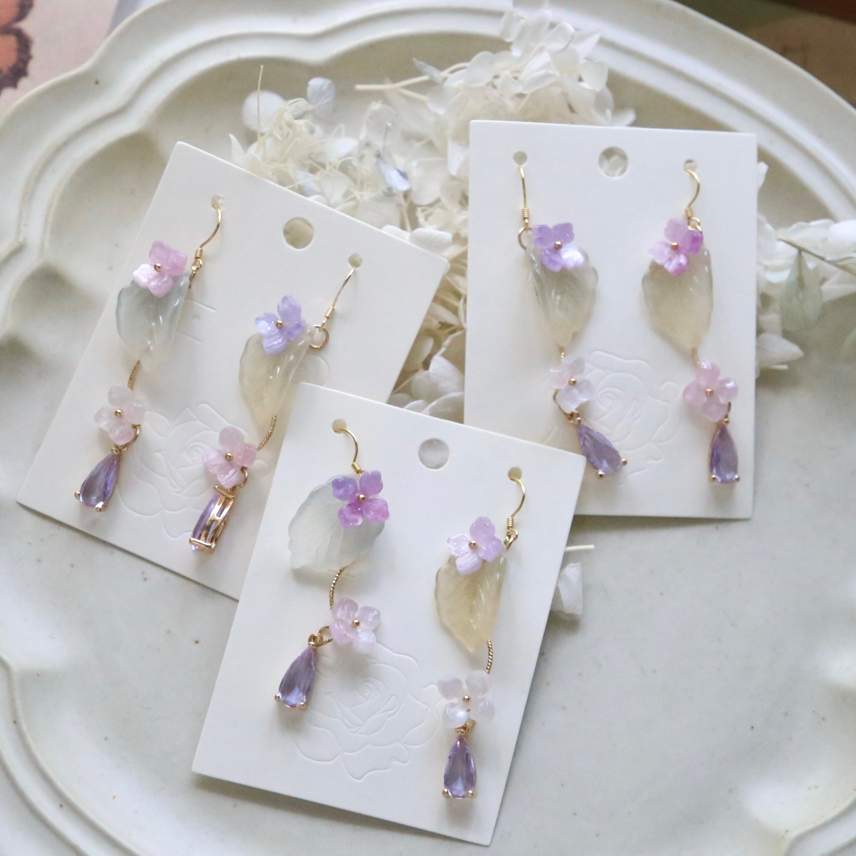 Pink Lavender  Hydrangea Leaf Earrings