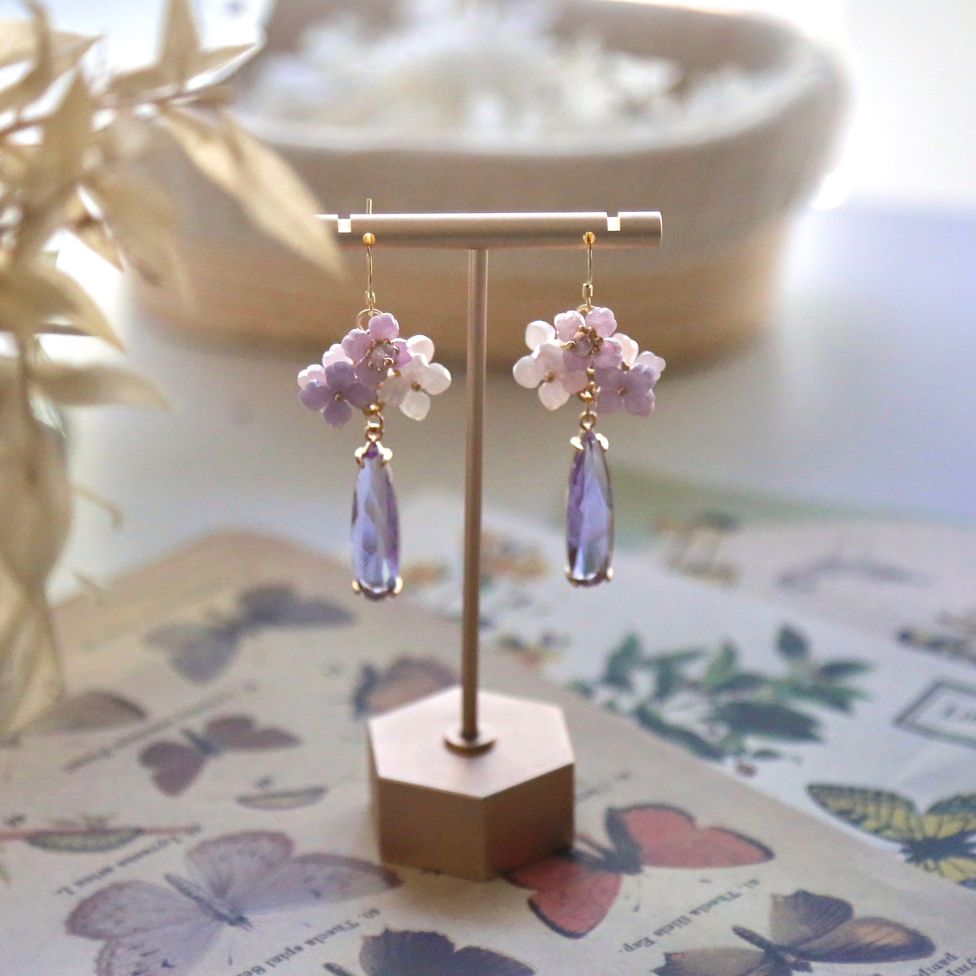 lavender flower earrings Pink Purple Hydrangea Cluster Earrings Ear Wires