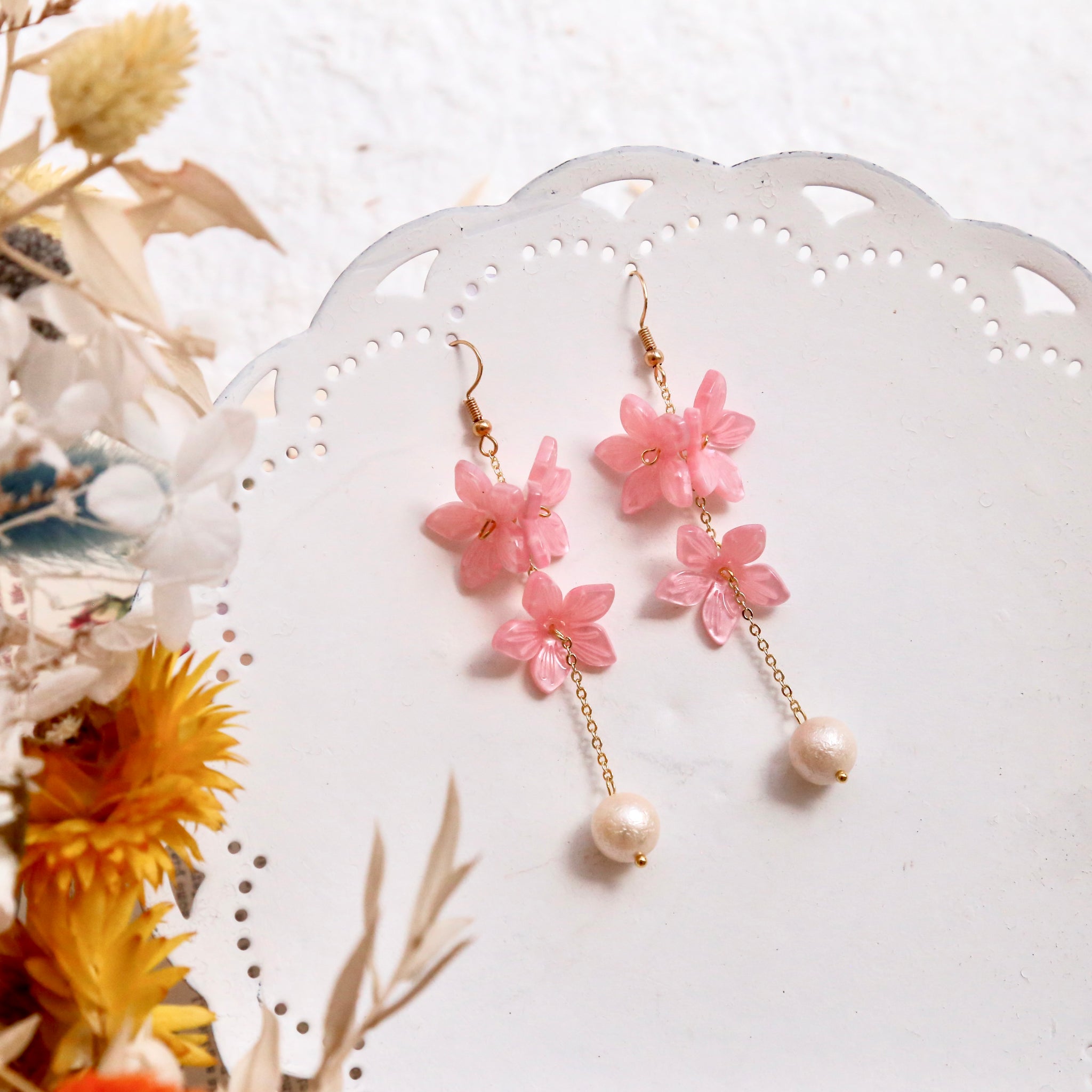 Peach Blossom Earrings - Flower Drop Wire