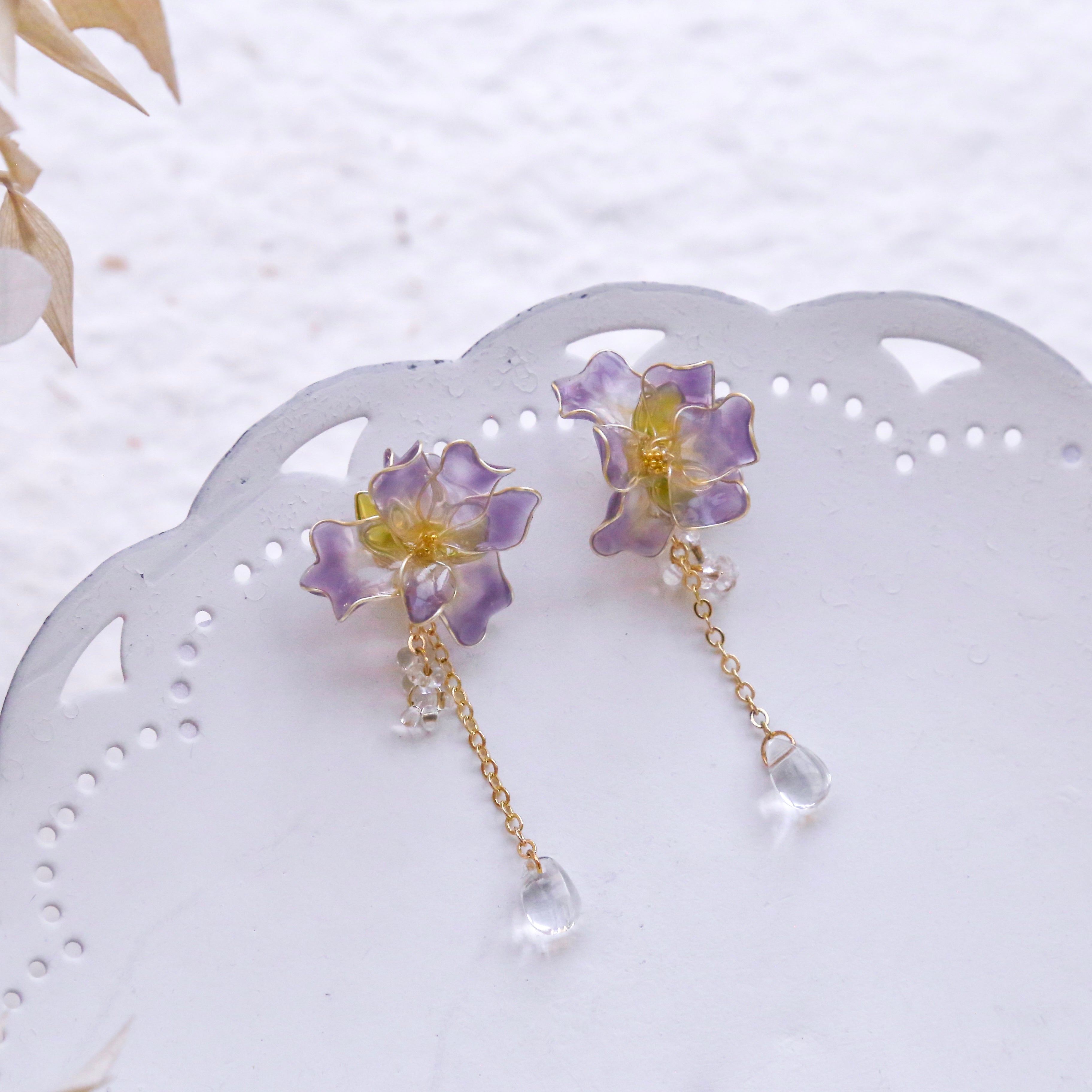 Resin Purple Iris Flower Earrings